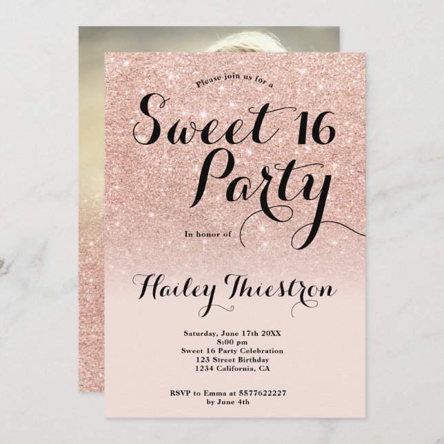 Invitation Chic rose or parties scintillant en or  ombre phot (Devant / Derrière)