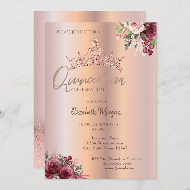 Invitation Chic Rose or Parties scintillant Fleurs Couronne Q (Devant / Derrière)
