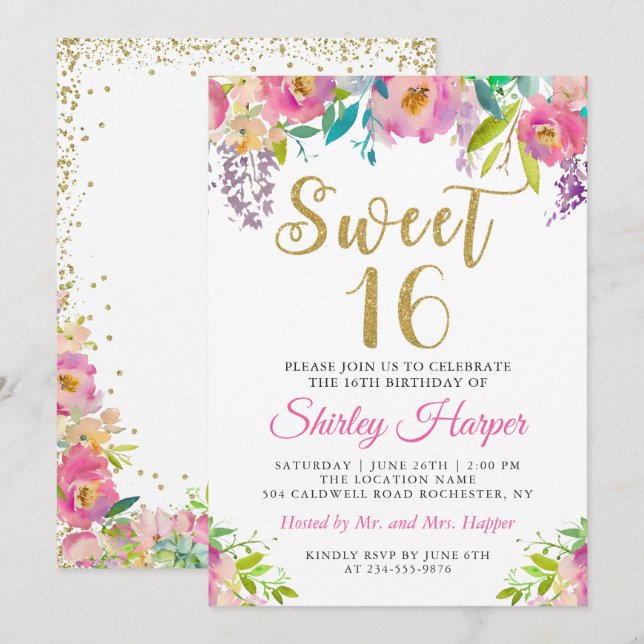 Invitation Chic Rose or Sweet sixteen floral 16 Anniversaire (Devant / Derrière)