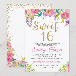 Invitation Chic Rose or Sweet sixteen floral 16 Anniversaire