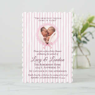 Invitation Chic Rose Pâle Coquette Rayé Jumeaux Baby Shower