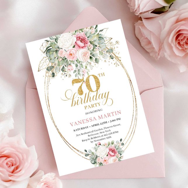 Invitation chic rose pâle florale pour 70e anniver (Chic Pale Pink Floral 70th Birthday Invitation)