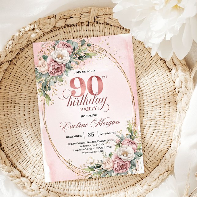 Invitation Chic Rose Pâle Or Eucalyptus 90e Anniversaire  (Chic Blush Pink Gold Eucalyptus 90th Birthday Invite)