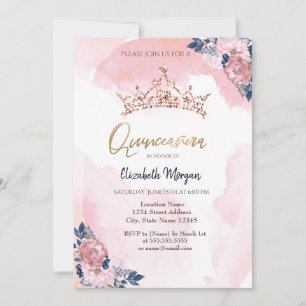 Invitation Chic Rose Parties scintillant or Fleurs de couronn