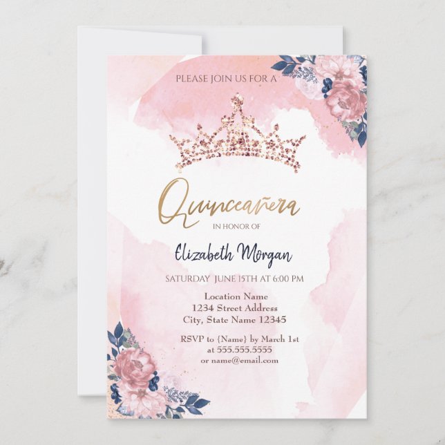 Invitation Chic Rose Parties scintillant or Fleurs de couronn (Devant)