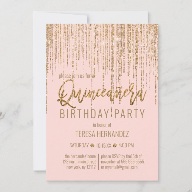 Invitation Chic rose Parties scintillant or rideau de bordure (Devant)