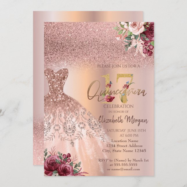 Invitation Chic Rose Parties scintillant or robe Floral Quinc (Devant / Derrière)