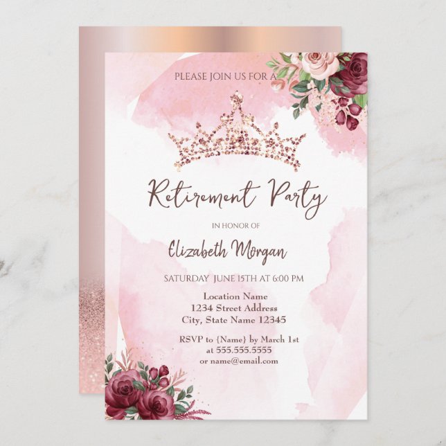 Invitation Chic Rose Parties scintillant or Roses de la Couro (Devant / Derrière)