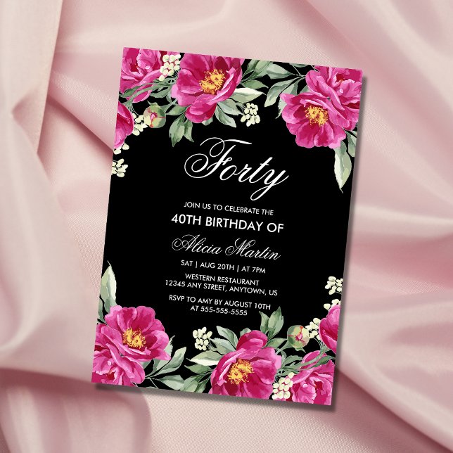Invitation Chic rose Peony Floral Black 40e anniversaire (Créateur téléchargé)