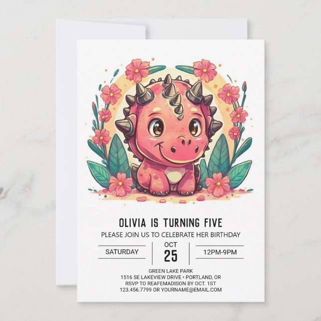 Invitation Chic rose personnalisé Dinosaure fille Anniversair (Devant)