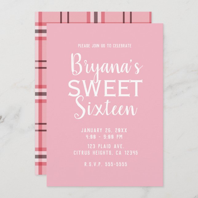 Invitation Chic rose Preppy Plaid Sweet 16 Anniversaire (Devant / Derrière)
