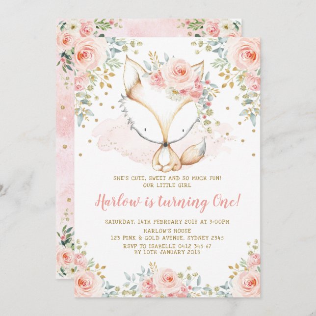 Invitation Chic Rose Rose Girl Fox Baby 1er anniversaire Wood (Devant / Derrière)