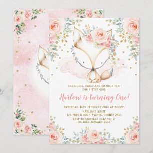 Invitation Chic Rose Rose Girl Fox Baby 1er anniversaire Wood