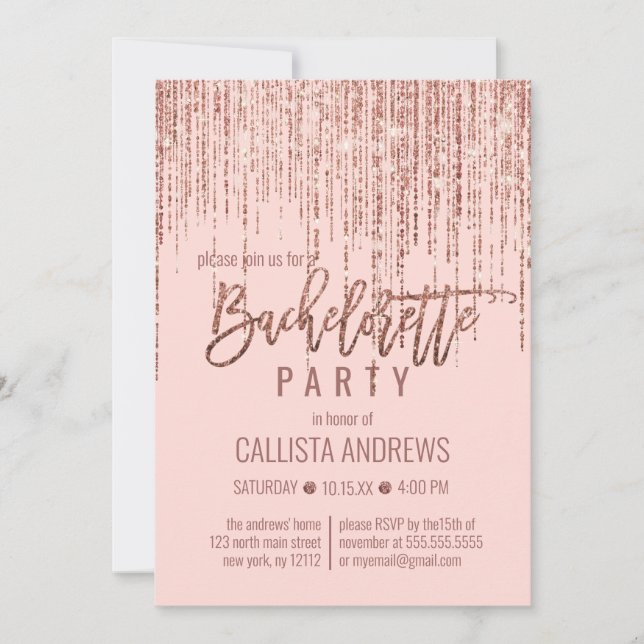Invitation Chic Rose Rose Gold Parties scintillant Fringe Bac (Devant)