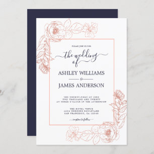 Invitation Chic rose rose rose or bleu foncé Mariage