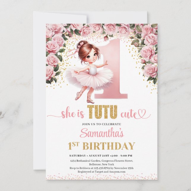 Invitation Chic rose roses or ballerine fille 1er anniversair (Devant)