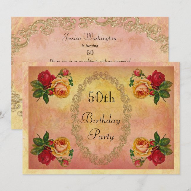 Invitation Chic Rose Vintage 50e anniversaire (Devant / Derrière)