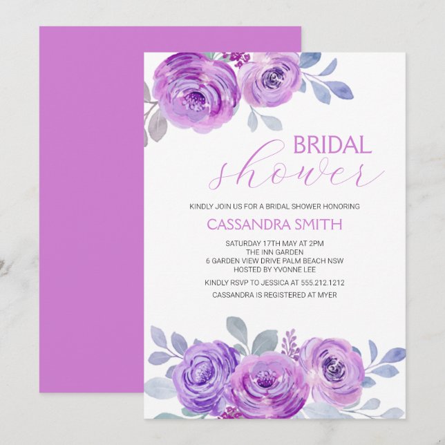 Invitation Chic Rose Violet Verdure Florale Baby Shower  (Devant / Derrière)