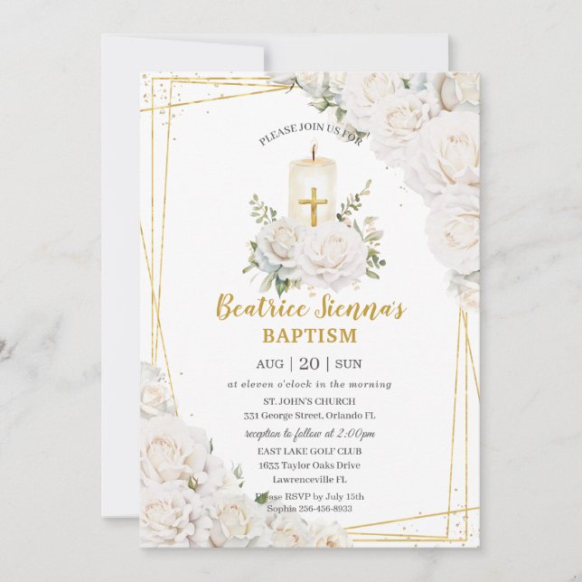 Invitation Chic Roses Blanches Baptême Floral Chandelier (Devant)