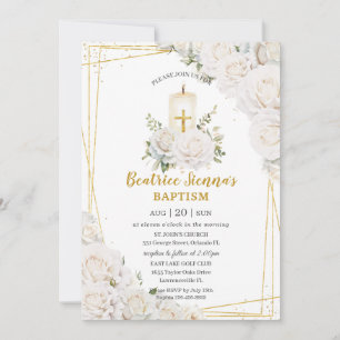 Invitation Chic Roses Blanches Baptême Floral Chandelier