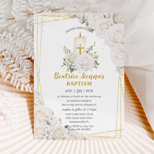Invitation Chic Roses Blanches Baptême Floral Chandelier