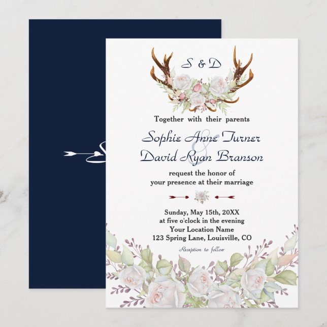 Invitation Chic Roses Blanches Burgundy Antlers Mariage de ma (Devant / Derrière)