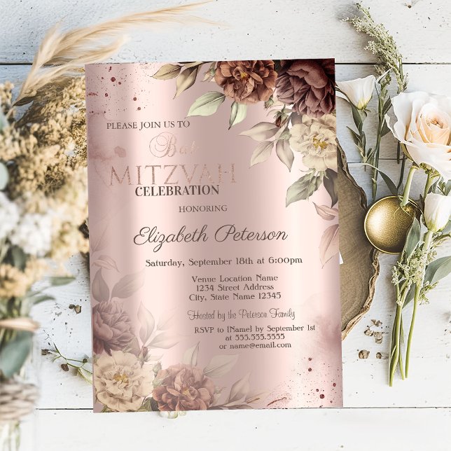 Invitation Chic Roses En Terracotta Bar Mitzvah Rose Gold  (Créateur téléchargé)