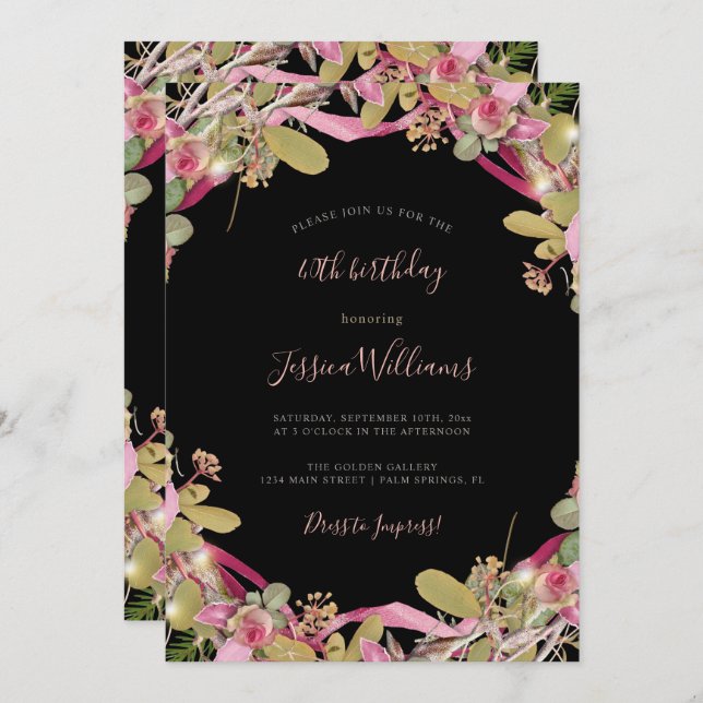 Invitation Chic Roses & Foliage Floral 40e anniversaire (Devant / Derrière)