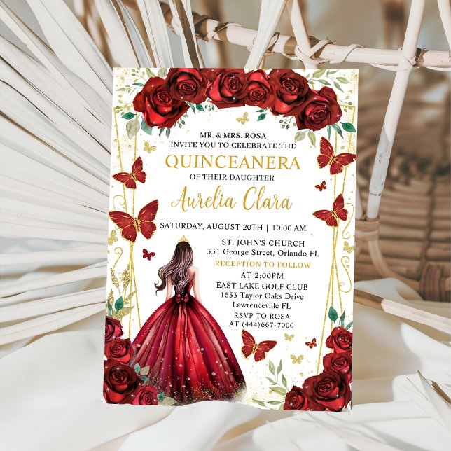 Invitation Chic Roses Rouges Florales Princesse Quinceañera (Créateur téléchargé)
