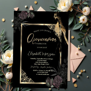 Invitation Chic Roses Sombres Cadre Doré Quinceañera Noir