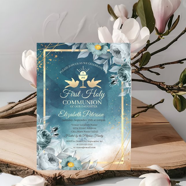 Invitation Chic Roses Vertes Calice Première Communion Solenn (Créateur téléchargé)