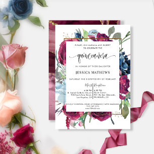 Invitation Chic Rouge Bourgogne, Berry Blue Floral Quinceañer