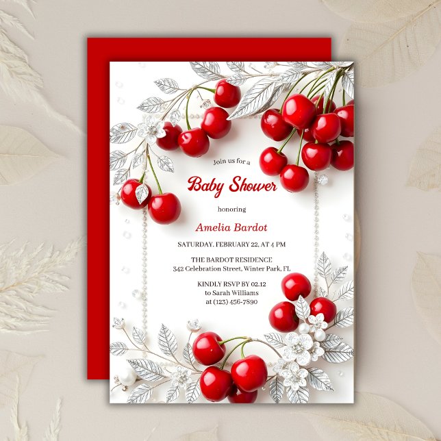 Invitation Chic rouge cerisier à thème Baby shower fille (Chic Red Cherry Themed Girl Baby Shower Invitation)