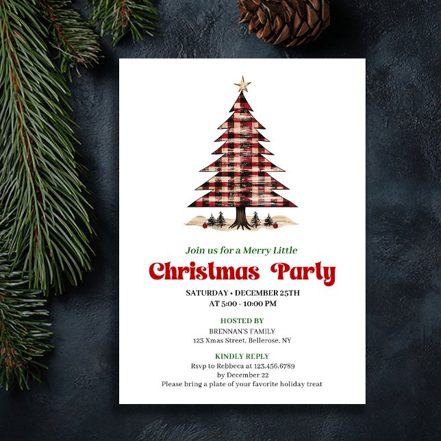 Invitation chic rouge et noir à carreaux pour la f (Chic Red Black Plaid Christmas Party Invitation)