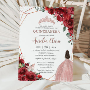 Invitation Chic Rouge Floral Rose Gold Robe fille Quinceañera