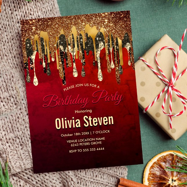 Invitation Chic rouge noir et or parties scintillant gouttes  (Créateur téléchargé)