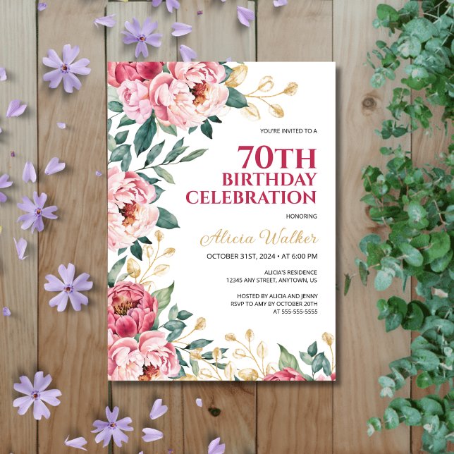 Invitation Chic Rouge rose Peony Flower Gold Leaf Anniversair (Créateur téléchargé)