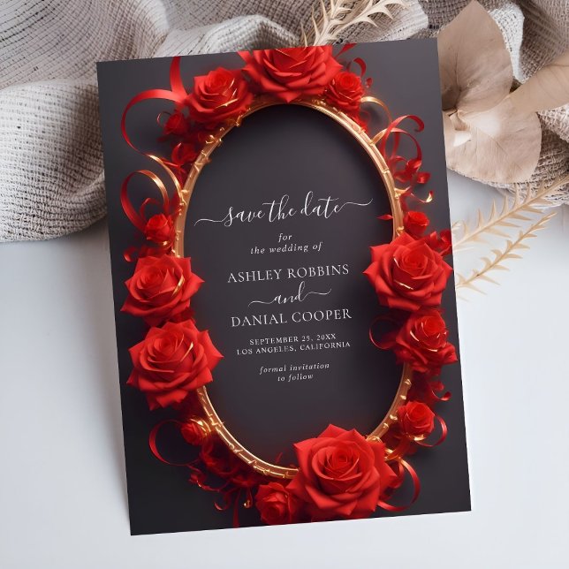 Invitation Chic Rouge Turc Rose or Frame Enregistrer la date (Créateur téléchargé)