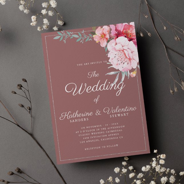 Invitation Chic roux rose menthe mariage floral (Chic dusty pink mint formal script floral wedding )