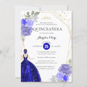 Invitation Chic Royal Blue Floral géométrique Quinceañera