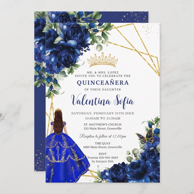 Invitation Chic Royal Blue Floral Princess Gold Quinceañera (Devant / Derrière)