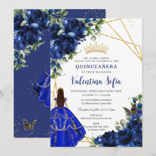 Invitation Chic Royal Blue Floral Princess Gold Quinceañera