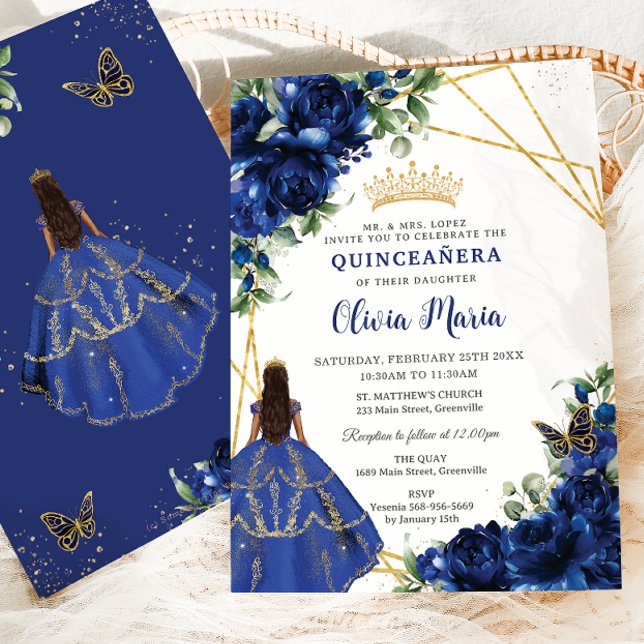 Invitation Chic Royal Blue Flowers Brown Princesse Quinceañer (Créateur téléchargé)