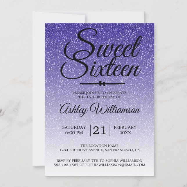 Invitation Chic Royal Blue Parties scintillant Ombre Sweet 16 (Devant)