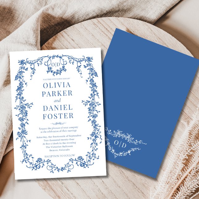 Invitation Chic Royal Blue Victorian Mariage français Monogra (Créateur téléchargé)