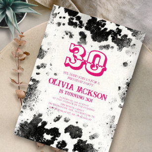 Invitation Chic Rustic Cow Imprimer Hot Pink 30e fête d'anniv