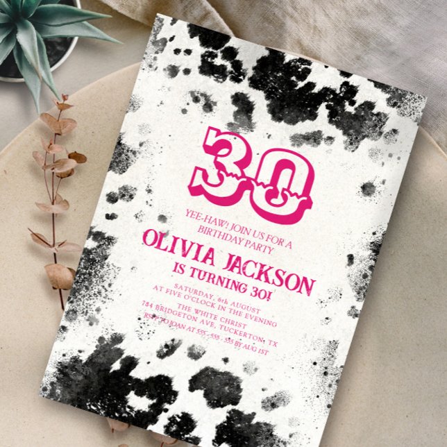 Invitation Chic Rustic Cow Imprimer Hot Pink 30e fête d'anniv (Créateur téléchargé)