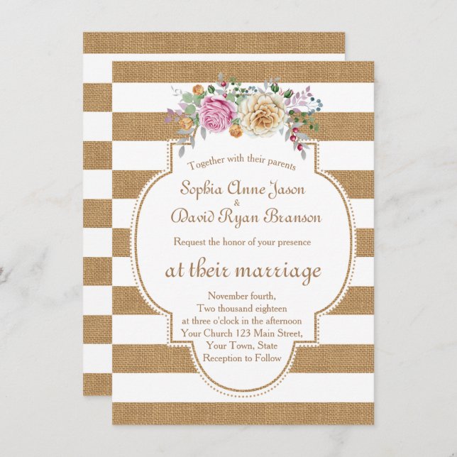 Invitation Chic Rustic Floral Burlap Stripes Mariage Invite (Devant / Derrière)