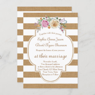 Invitation Chic Rustic Floral Burlap Stripes Mariage Invite