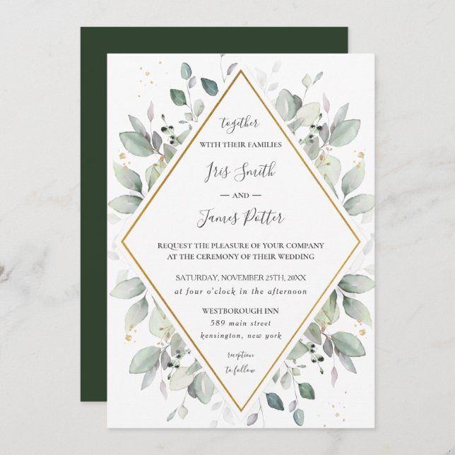 Invitation Chic Rustic Greenery Gold Green Foliage Mariage I (Devant / Derrière)